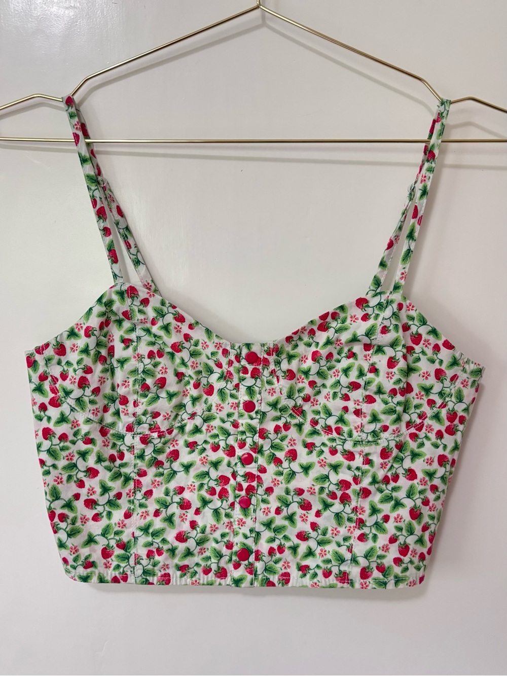 H&M| Divided| White Ditzy Strawberry Print Cropped Smocked Back Cami Top Sz 8